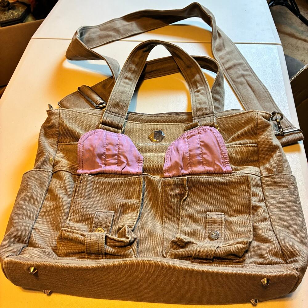 Rare ThinkGeek Handbag of Holding Canvas Messenger Laptop Tote Bag Brown Pink